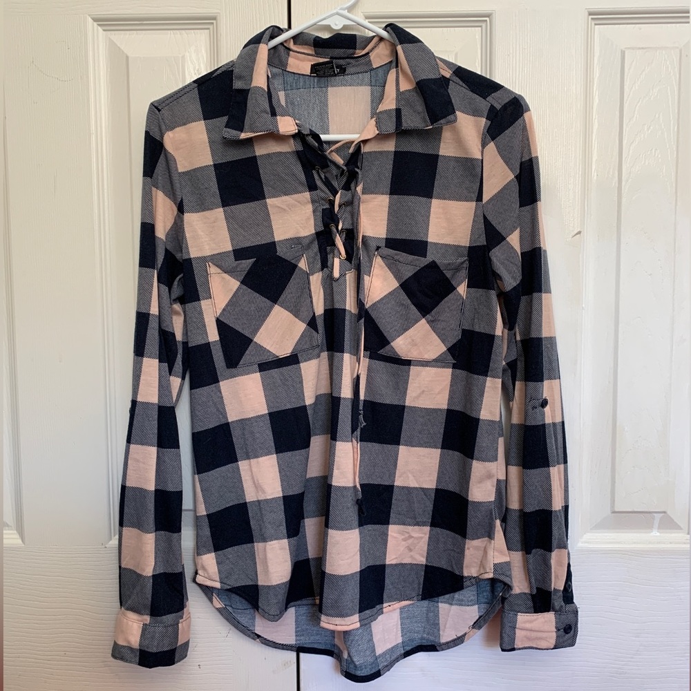 Justify | Long Sleeve plaid shirt with front detail and pockets LIKE NEW